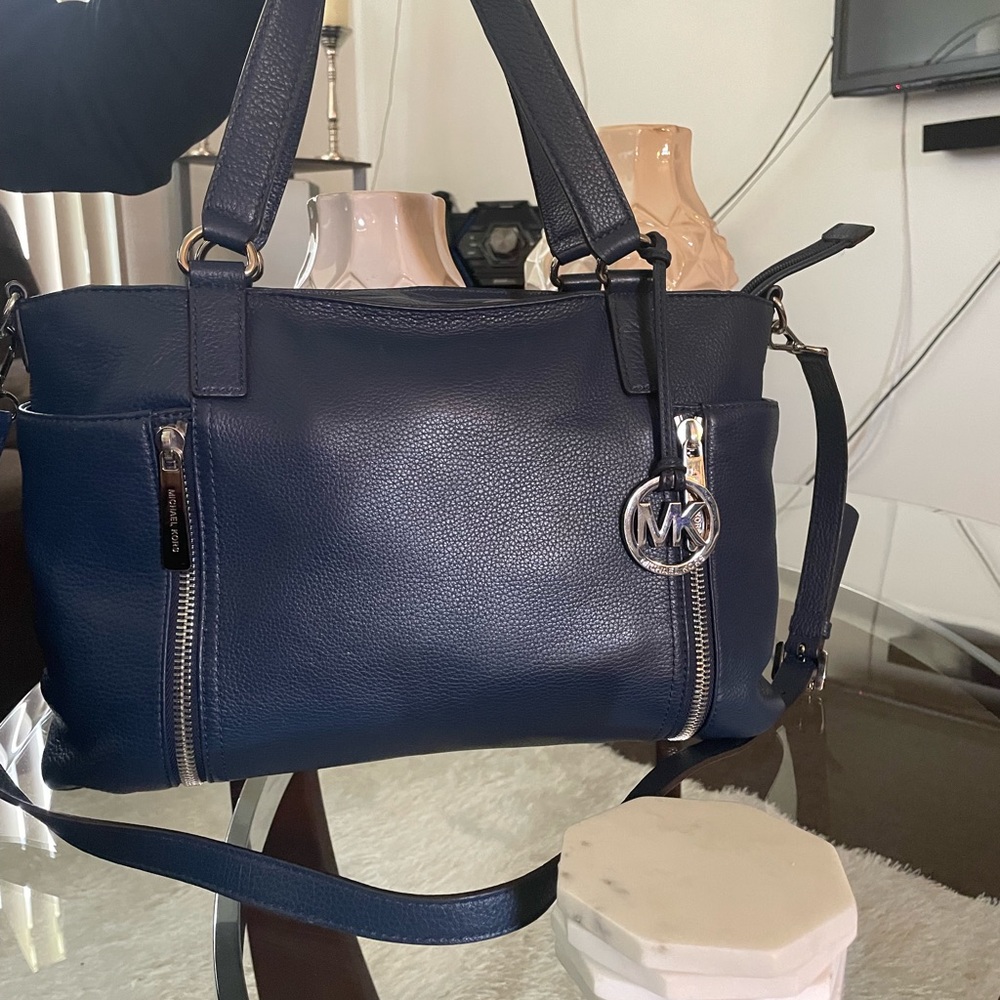 Michael Kors Navy Leather, top zip hand and shoulder bag with Silver hardware